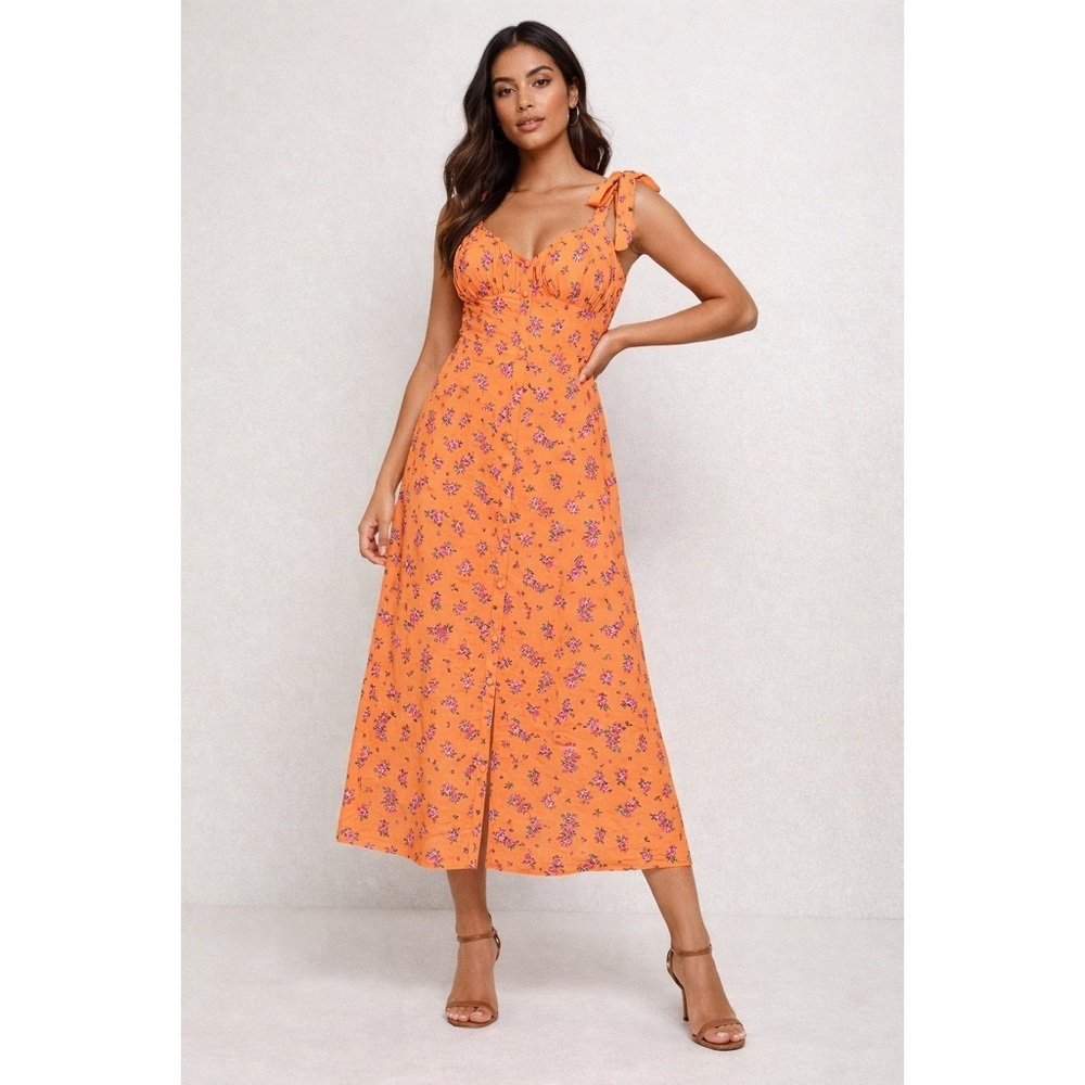 NWT River Island Floral Orange Pink Button Front Tie Strap Midi Dress
